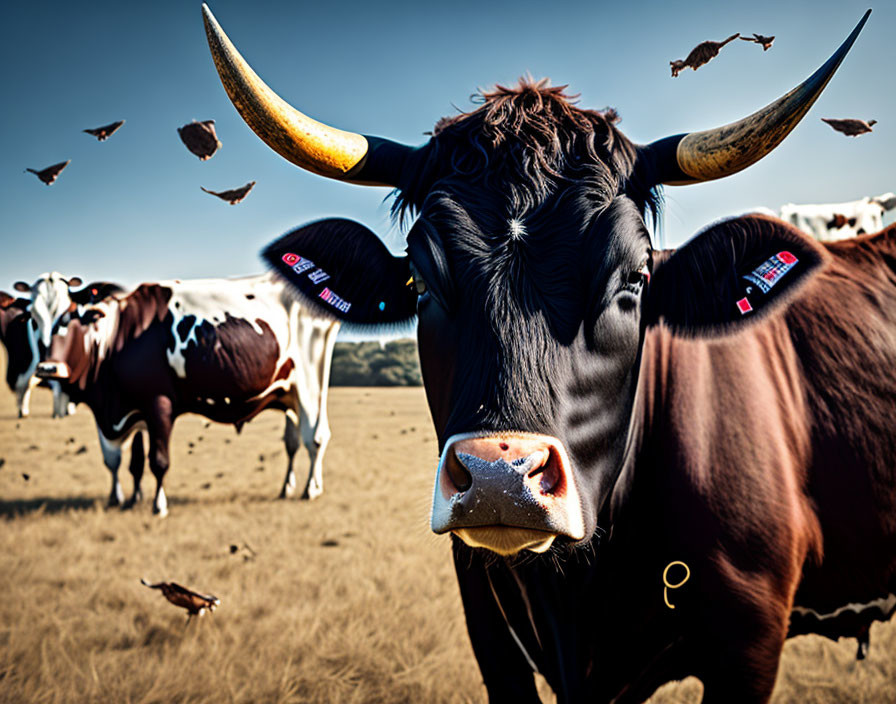 Black cow with long horns in close-up among cows and flying leaves on sunny day