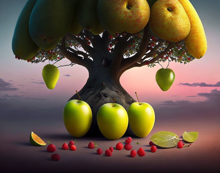 Whimsical fruit tree at sunset with fallen fruits