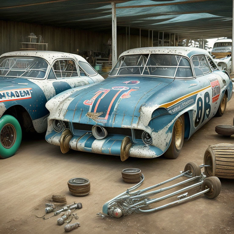 Vintage Stock Cars with Racing Decals in Rustic Garage