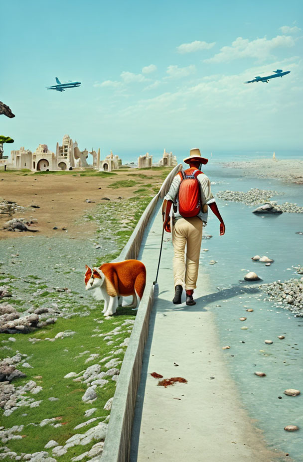 Person in hat with red backpack and corgi walking by water with ruins and planes.