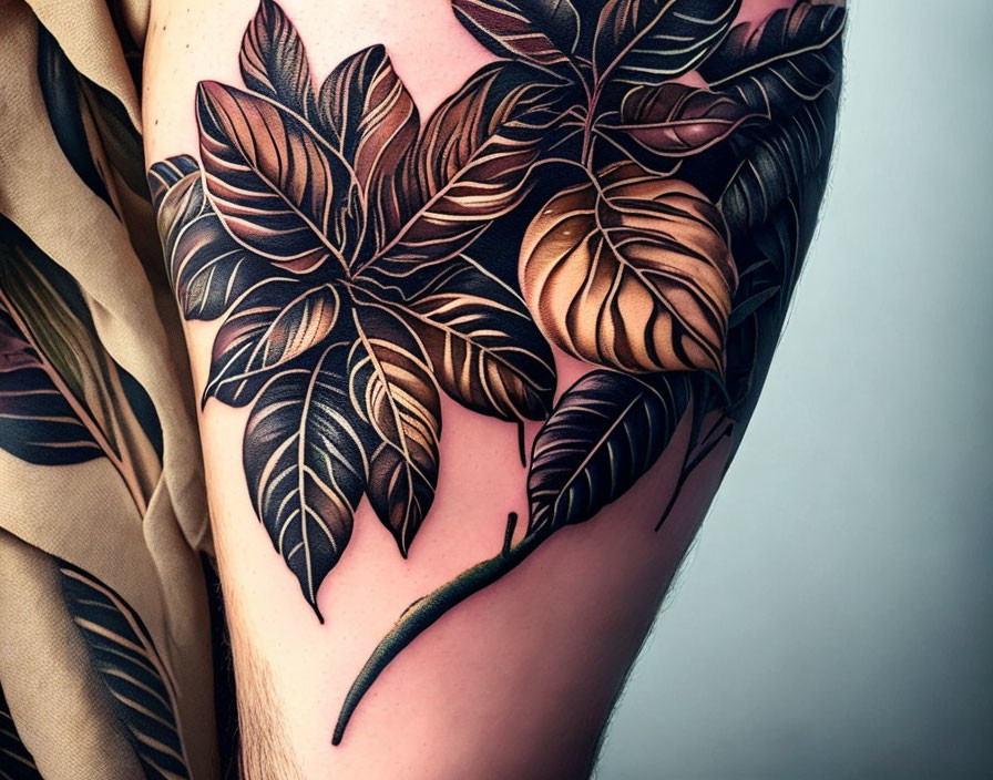 Detailed shaded leaf tattoo on person's arm in brown and black tones