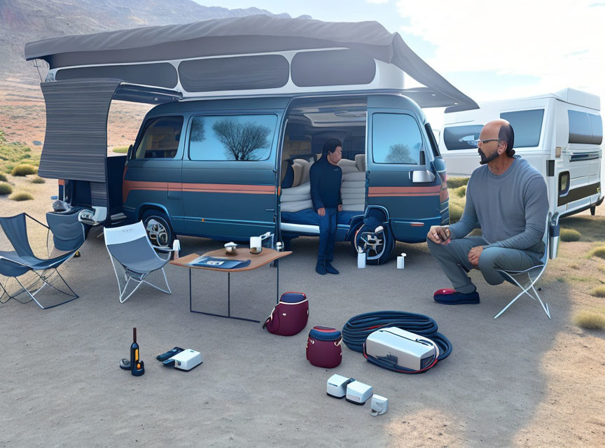 Two people by camping van with awning, chairs, table, and gear in desert setting