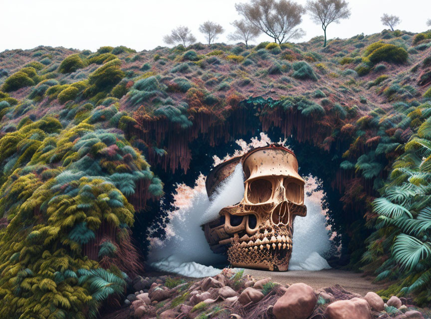 Surreal landscape with giant skull-shaped cave entrance