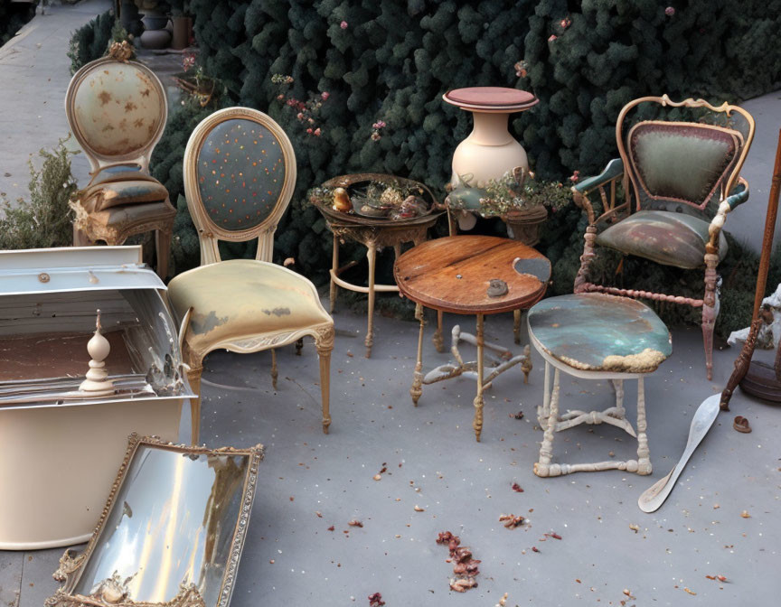 Vintage Furniture Displayed Outdoors Among Green Shrubs