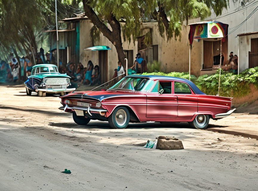 Classic cars parked on dusty street with onlookers and colorful wall backdrop