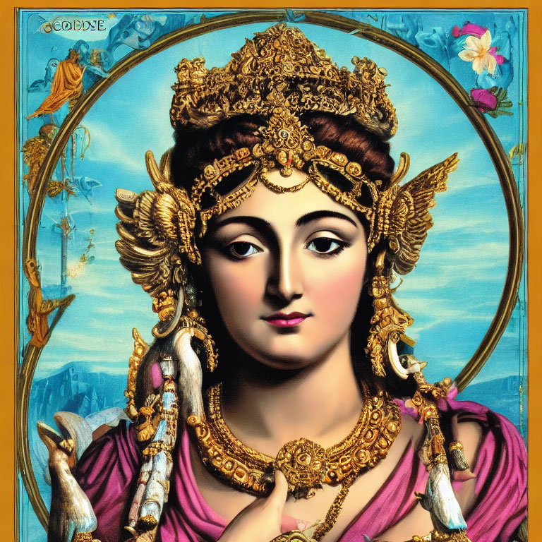 Elaborate Gold Headgear and Pink Garments on Deity Illustration