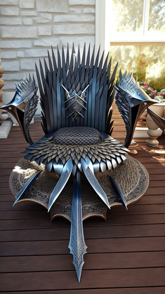 Iron Throne-Inspired Ornate Chair with Sword and Spike Designs on Wooden Deck