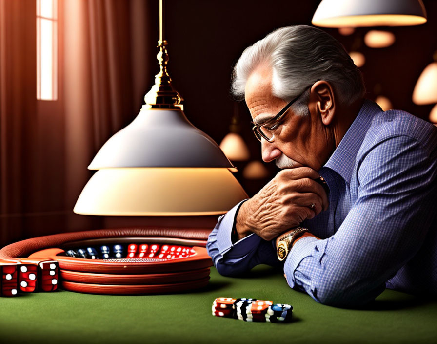 Elder Man with Glasses Contemplates Poker Game Amid Chips and Dice