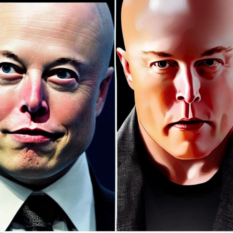 Real man's face vs. stylized illustration: Bald heads, similar expressions