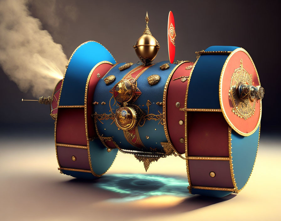 Whimsical steampunk-inspired 3D drum with gold details and steam emission