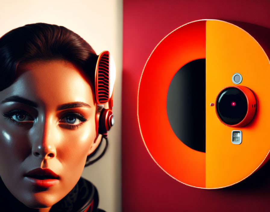 Split composition: Woman's portrait & vinyl player in bold orange & black.