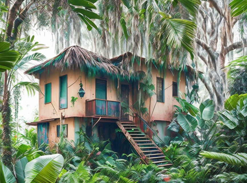 Overgrown two-story thatched roof house in lush forest