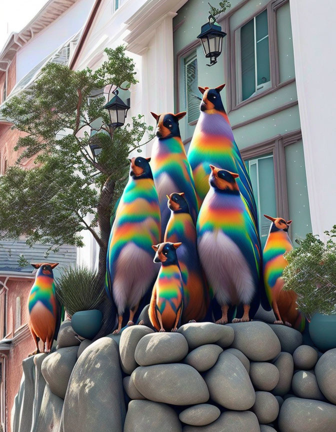 Vibrant rainbow-hued bird-like creatures in pyramid formation on rock pile.