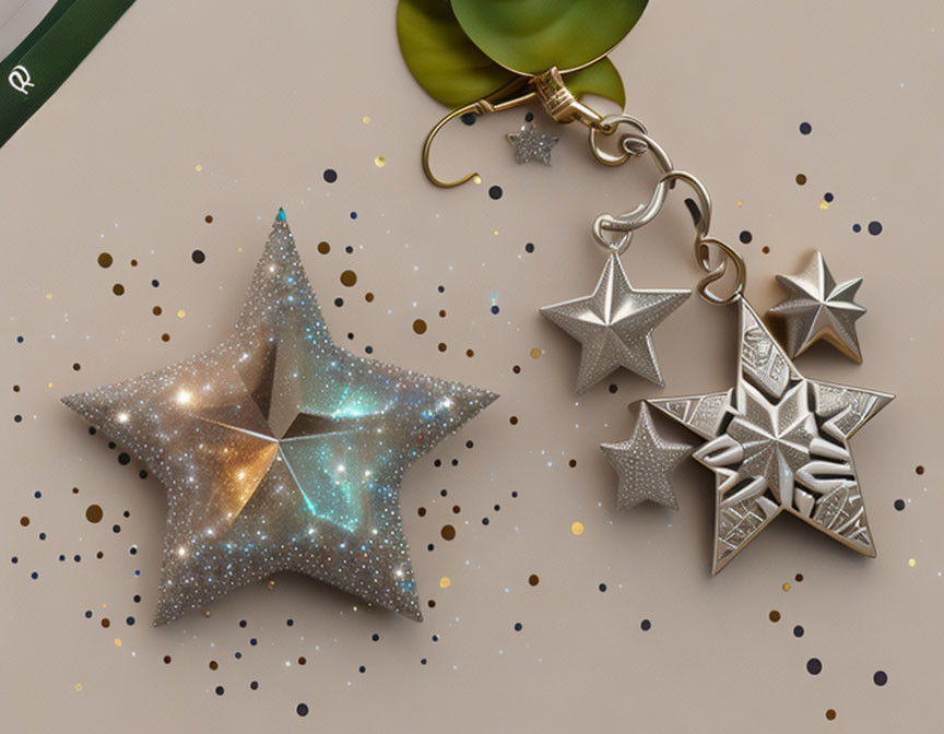 Shiny star-shaped decorations and starry keychain on festive backdrop