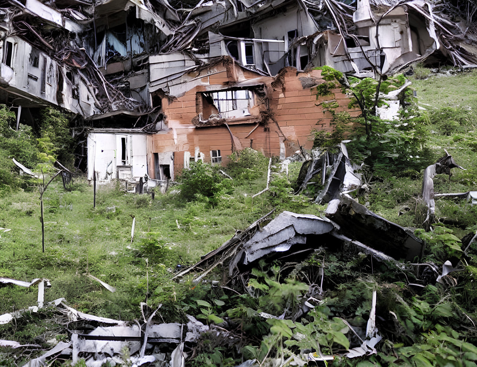 Decaying building with crumbling walls and overgrown vegetation