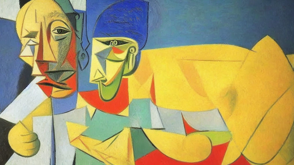 Abstract Cubist Painting with Fragmented Figures in Blues, Yellows, and Greens