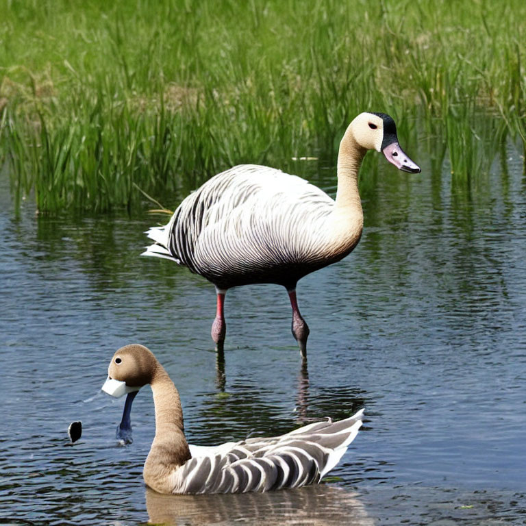 Ducks in Shallow Water and Swimming in Green Grass