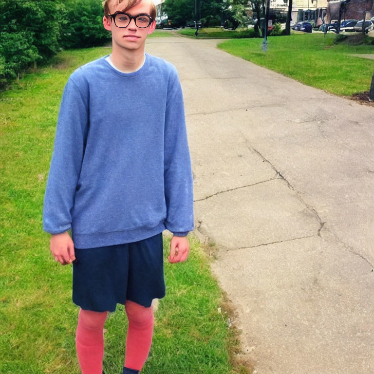 Person in Glasses Wearing Blue Sweater, Black Shorts, and Pink Socks