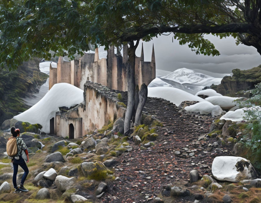 Backpacker near snow-covered stone structure with mountains in background