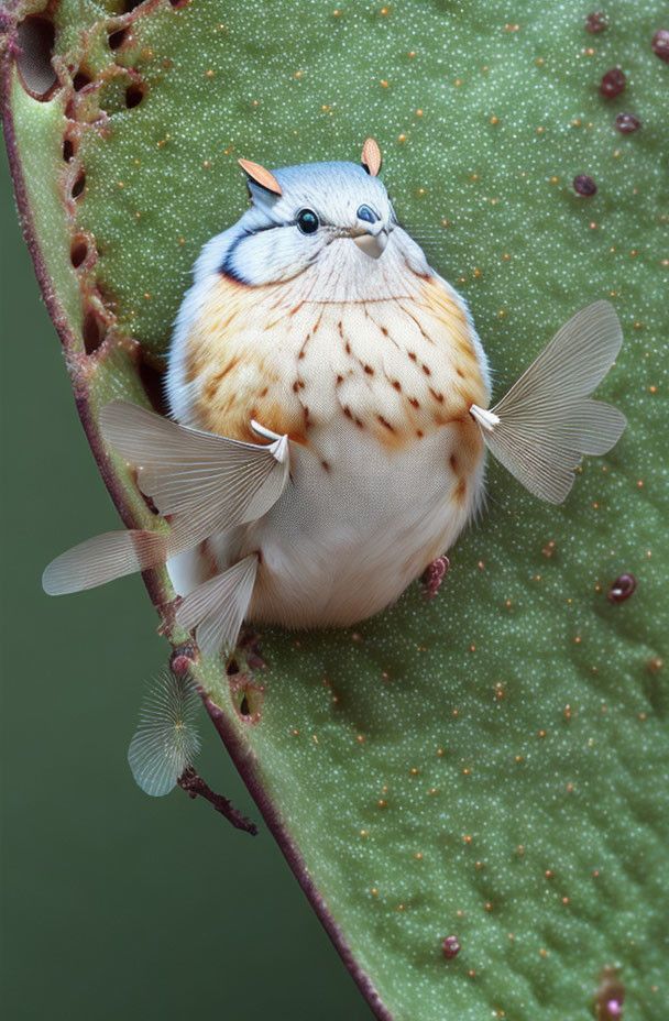 Round bird body, moth wings and antennae on green leaf with brown spots