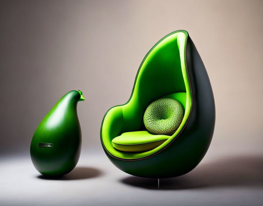 Modern Green Pear-Shaped Chair Next to Smaller Object