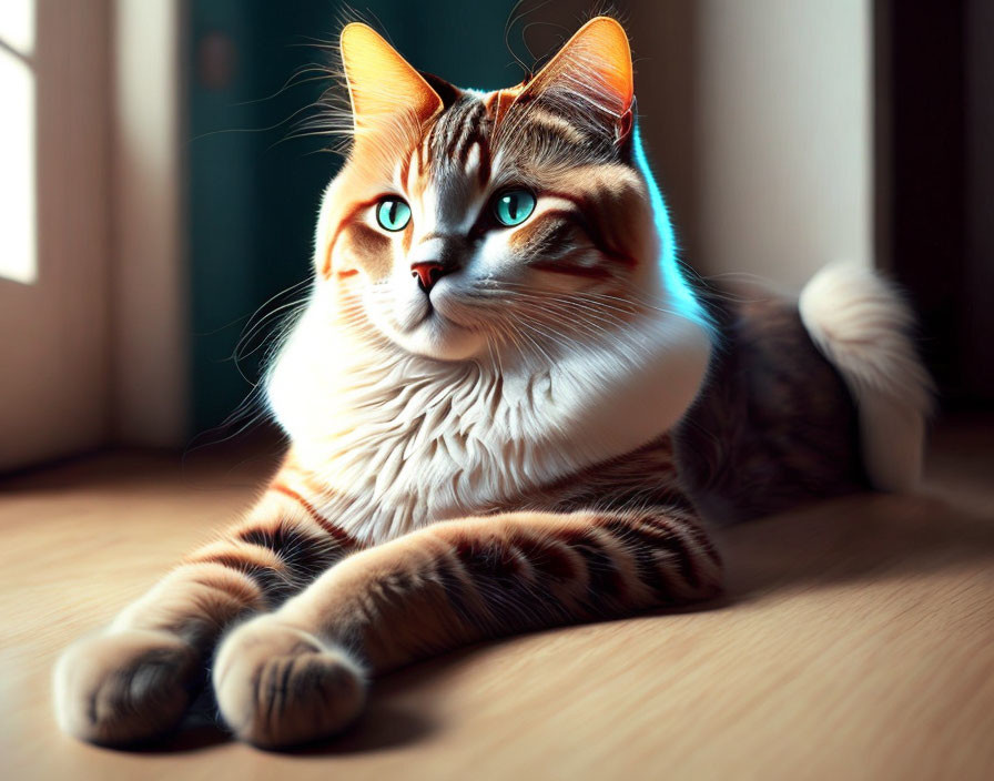 Majestic cat with vibrant green eyes and colorful stripes lounging indoors