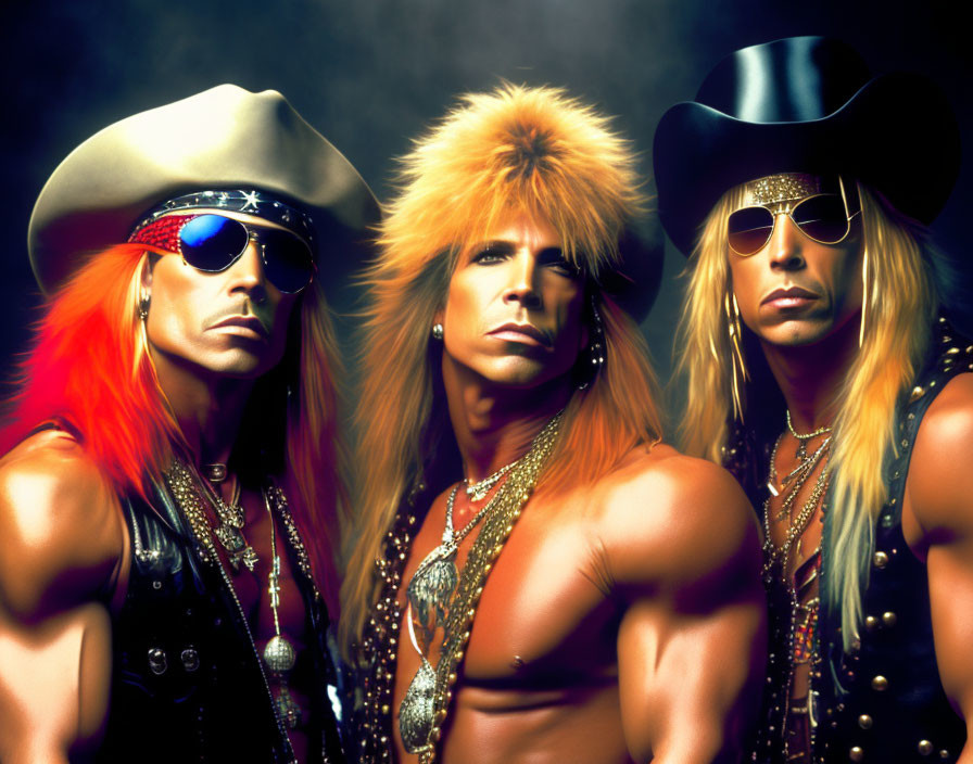 Three people in 80s glam rock attire with colorful hair, leather outfits, and cowboy hats on