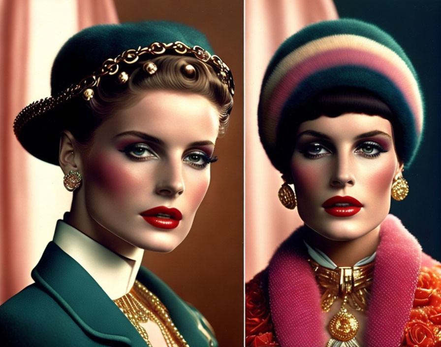 Vintage-inspired female portraits with elegant makeup and stylish hats.