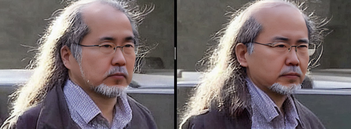 Man with glasses and graying hair: Before and after retouching comparison