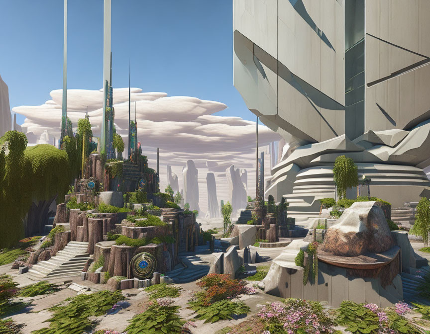 Futuristic cityscape with towering spires and greenery atop rock formations