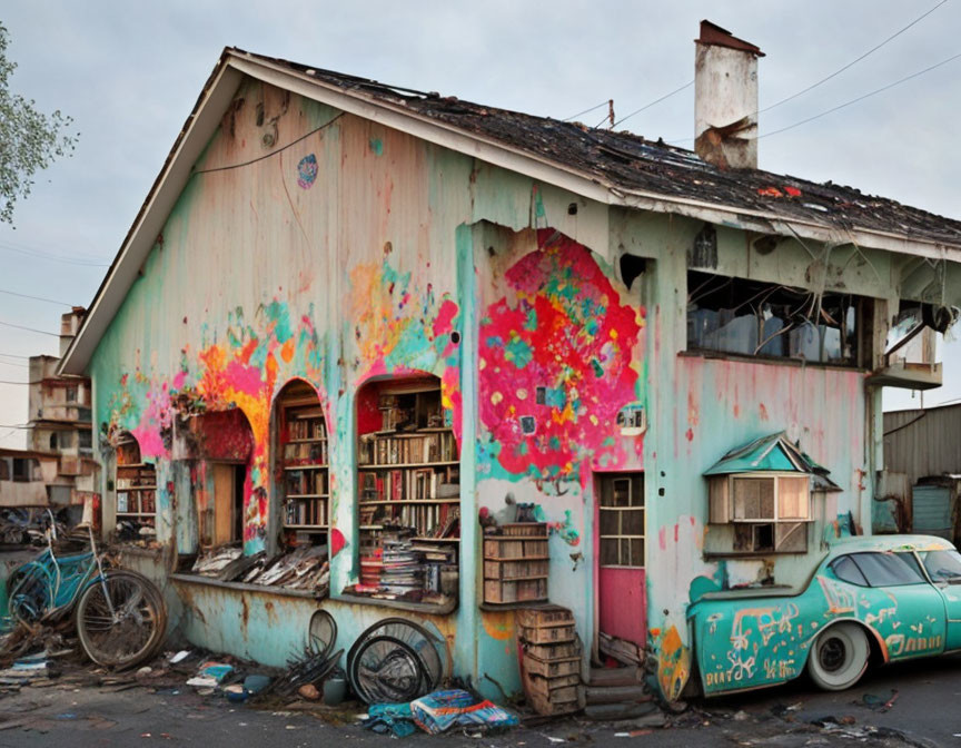 Decaying green car and vibrant paint splatter in abandoned building