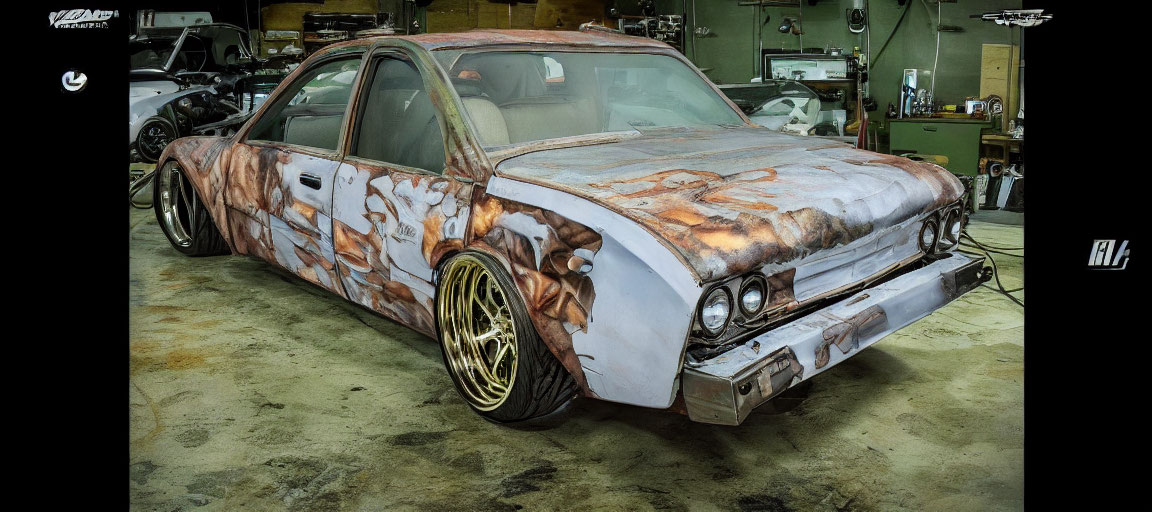 Rusted vintage car with modified body and gold rims in workshop