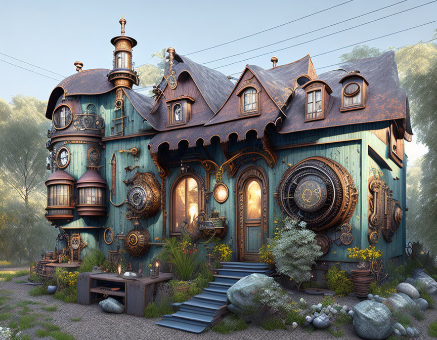 Steampunk-inspired house with mechanical gears and vintage clock elements in misty forest