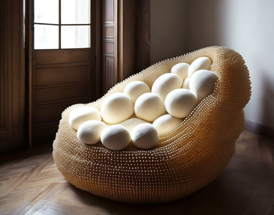 Egg-shaped objects in beehive-patterned sculptural chair by window