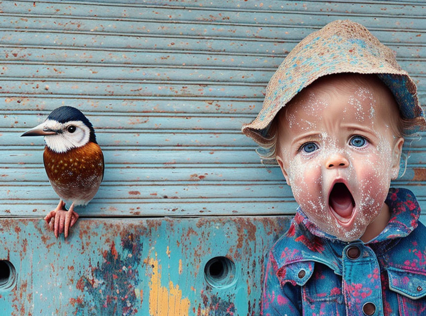 Surprised toddler with dusty face and colorful bird on blue surface