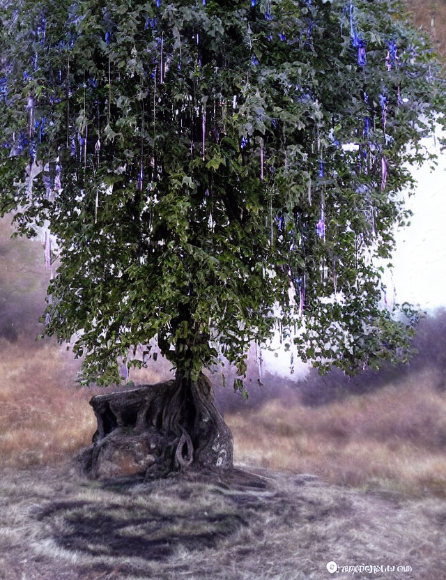 Solitary Tree with Gnarled Trunk and Purple Blossoms on Grass Backdrop