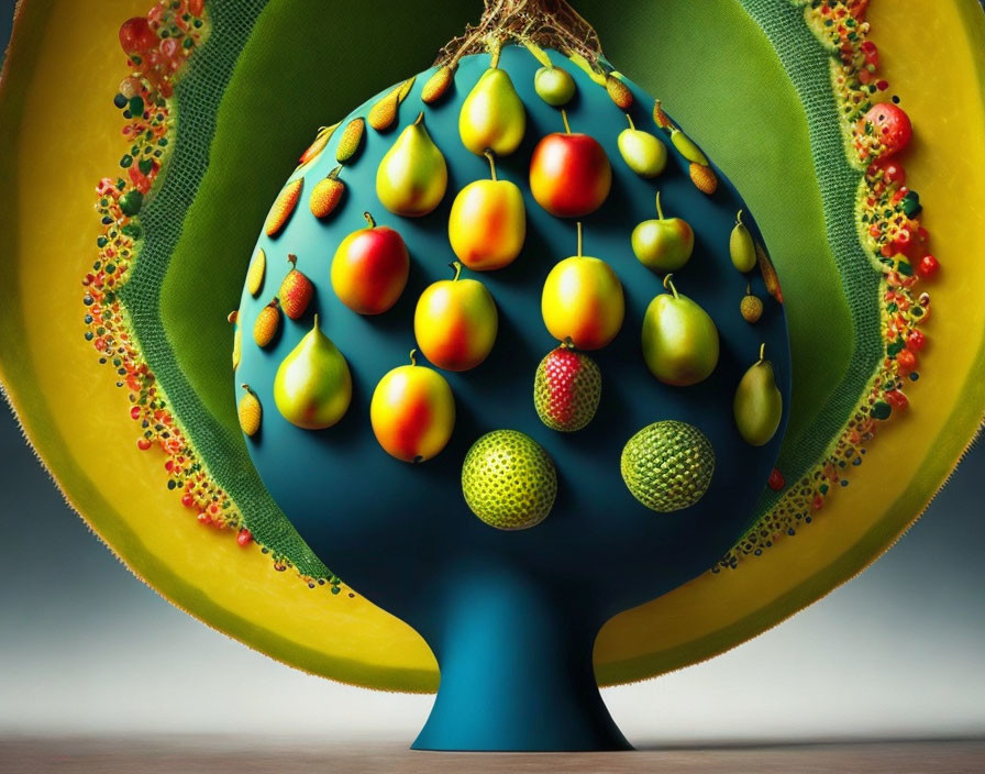 Colorful stylized fruit tree against dual-toned backdrop