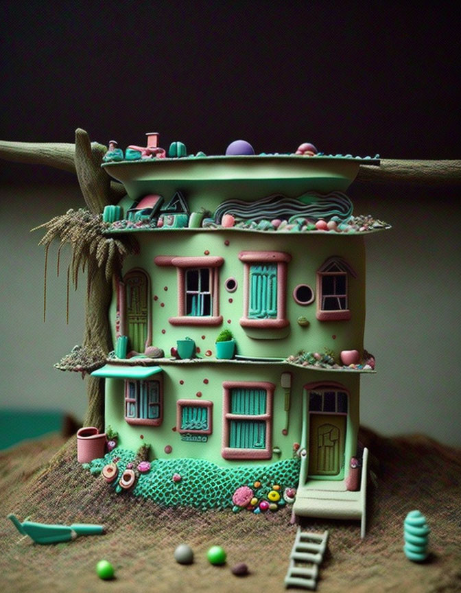 Green multi-story house miniature cake with whimsical details and candy accents