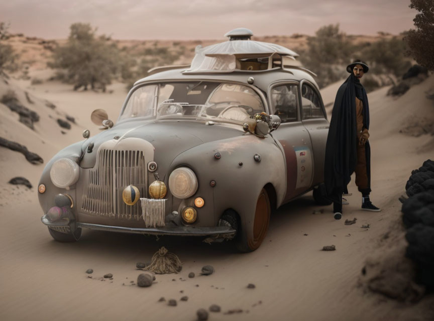 Modified vintage car on desert sand with person in cape and hat, post-apocalyptic scene