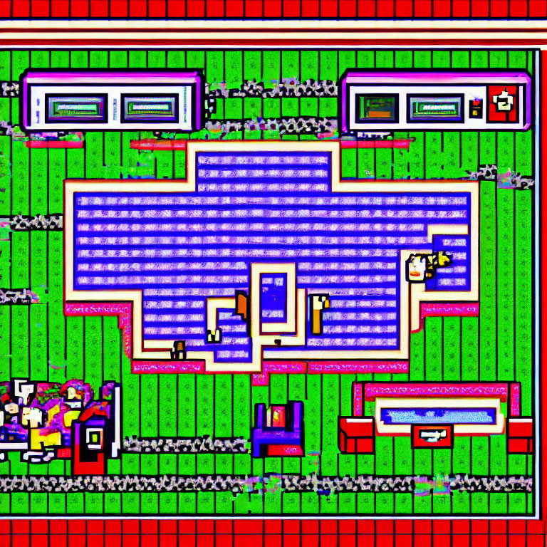 Colorful Pixelated Video Game Map with Central Pool and Characters