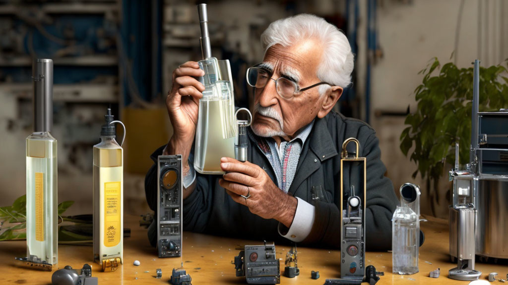 Elderly gentleman with white hair and mustache in workshop with technical instruments