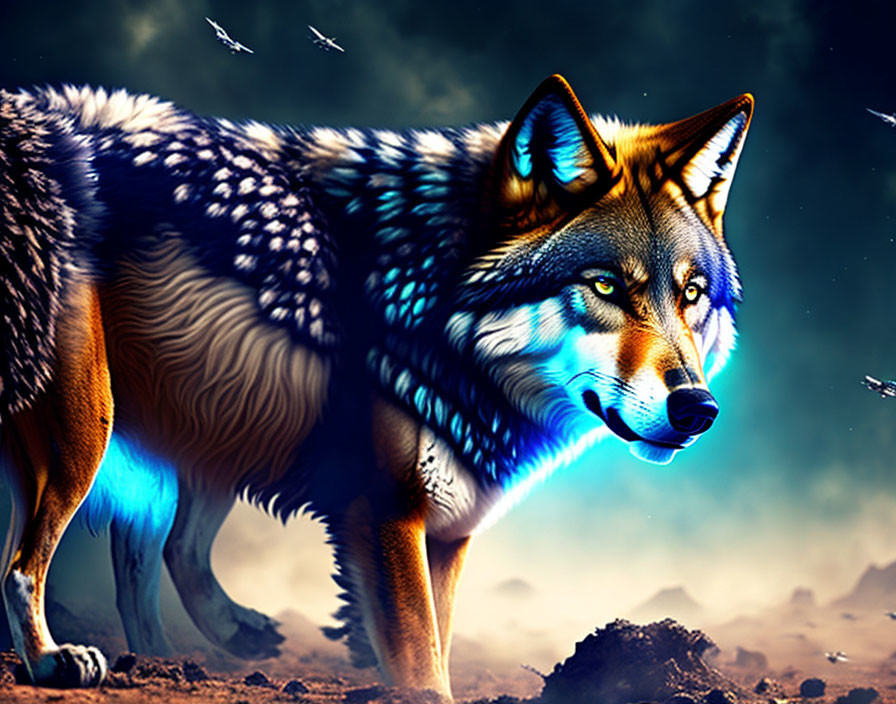 Colorful Wolf Digital Artwork Under Starry Sky with Birds