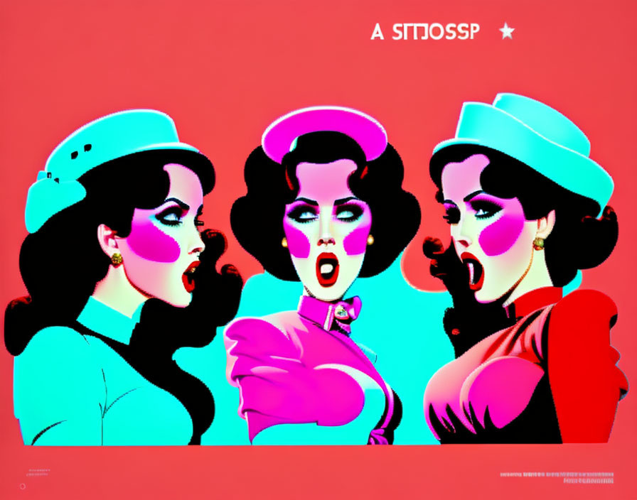 Stylized Retro Women in Pop Art Style on Red Background