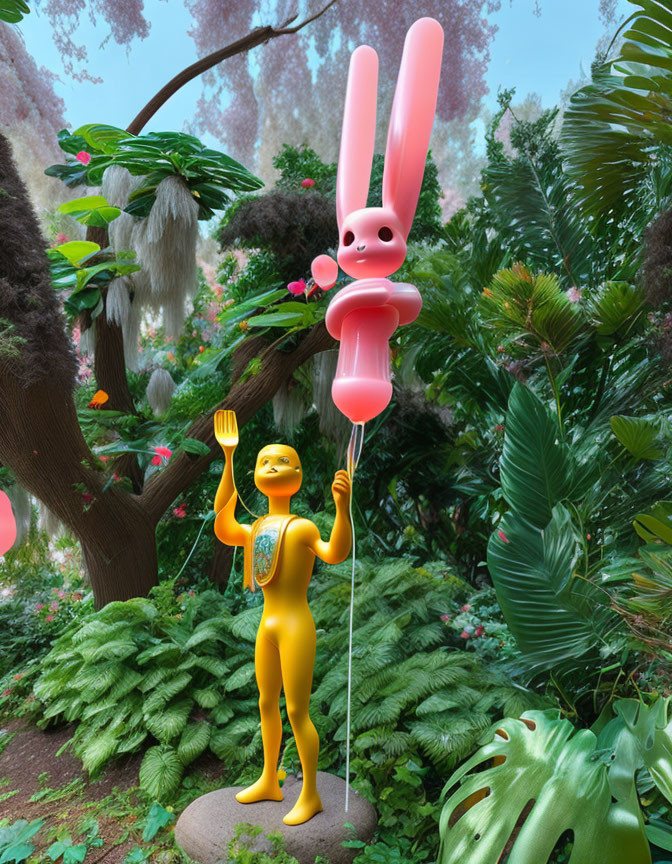 Vibrant yellow figure sculpture with pink rabbit balloon in lush green setting