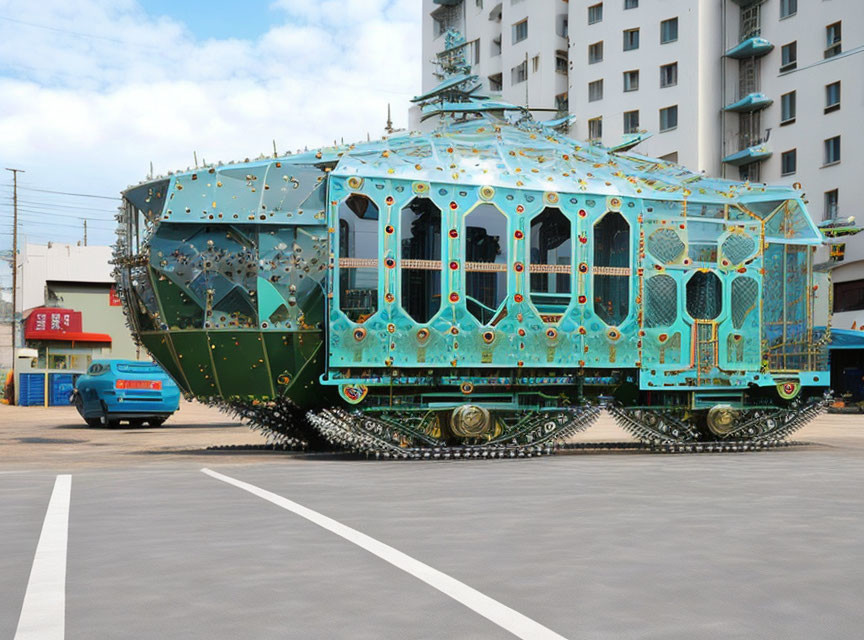 Ornate turquoise tracked vehicle in urban lot