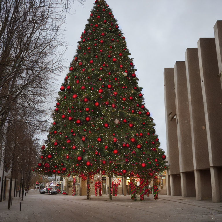 City sidewalk Christmas tree with red ornaments and lights near modern buildings under cloudy sky