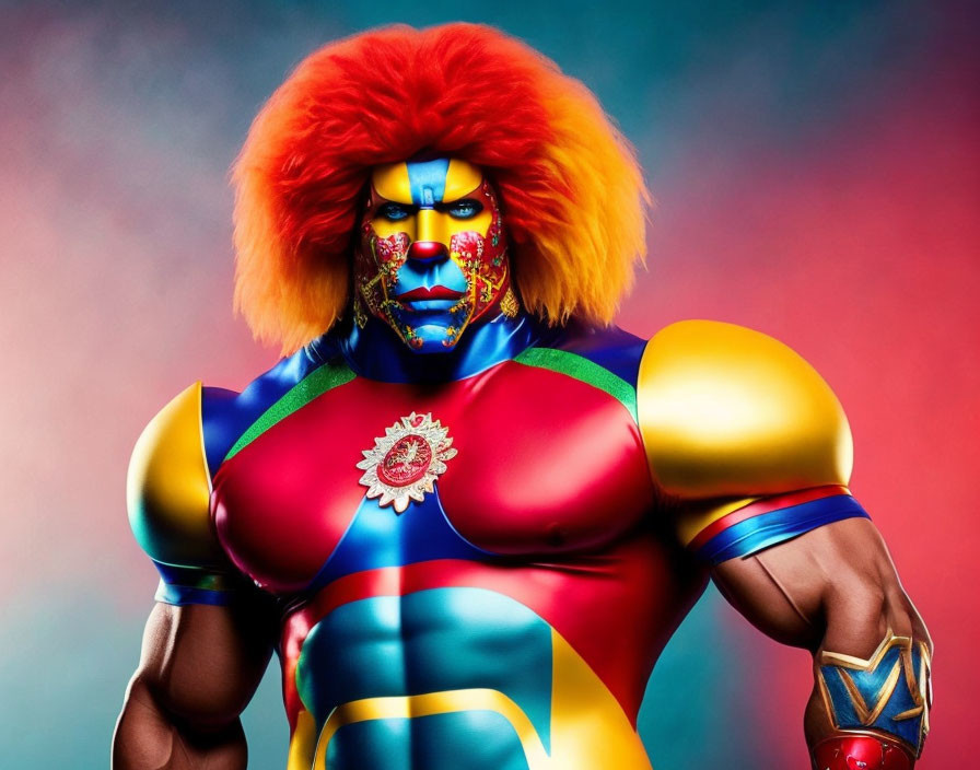 Muscular superhero in vibrant costume with lion's mane and colorful mask on gradient background