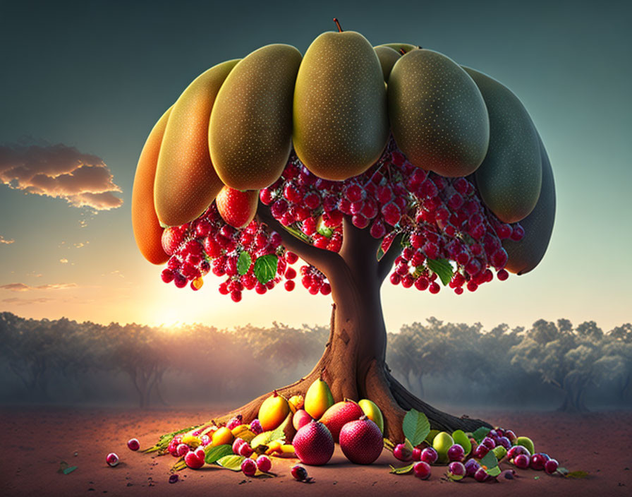 Whimsical tree with oversized mangoes and red grapes on a fruit-filled field at sunset