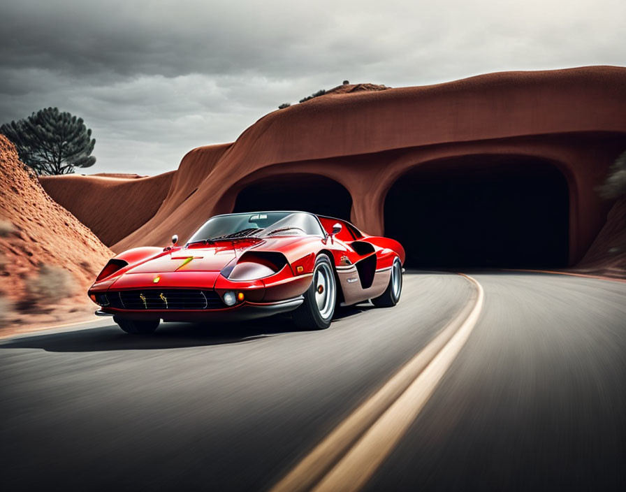 Vintage red sports car speeds through desert tunnel landscape