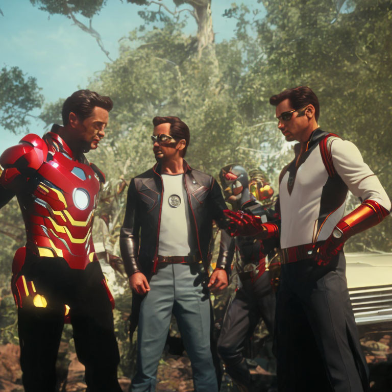 Three people in forest: superhero in red and gold suit with two in white suits and sunglasses.